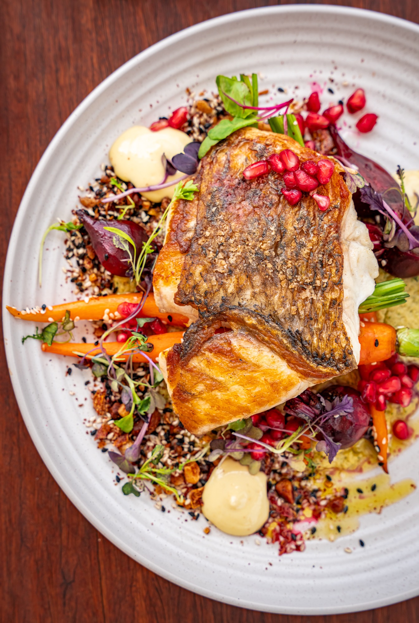 Freshly caught fish plated for a four-course Catch, Cook and Cruise dinner
